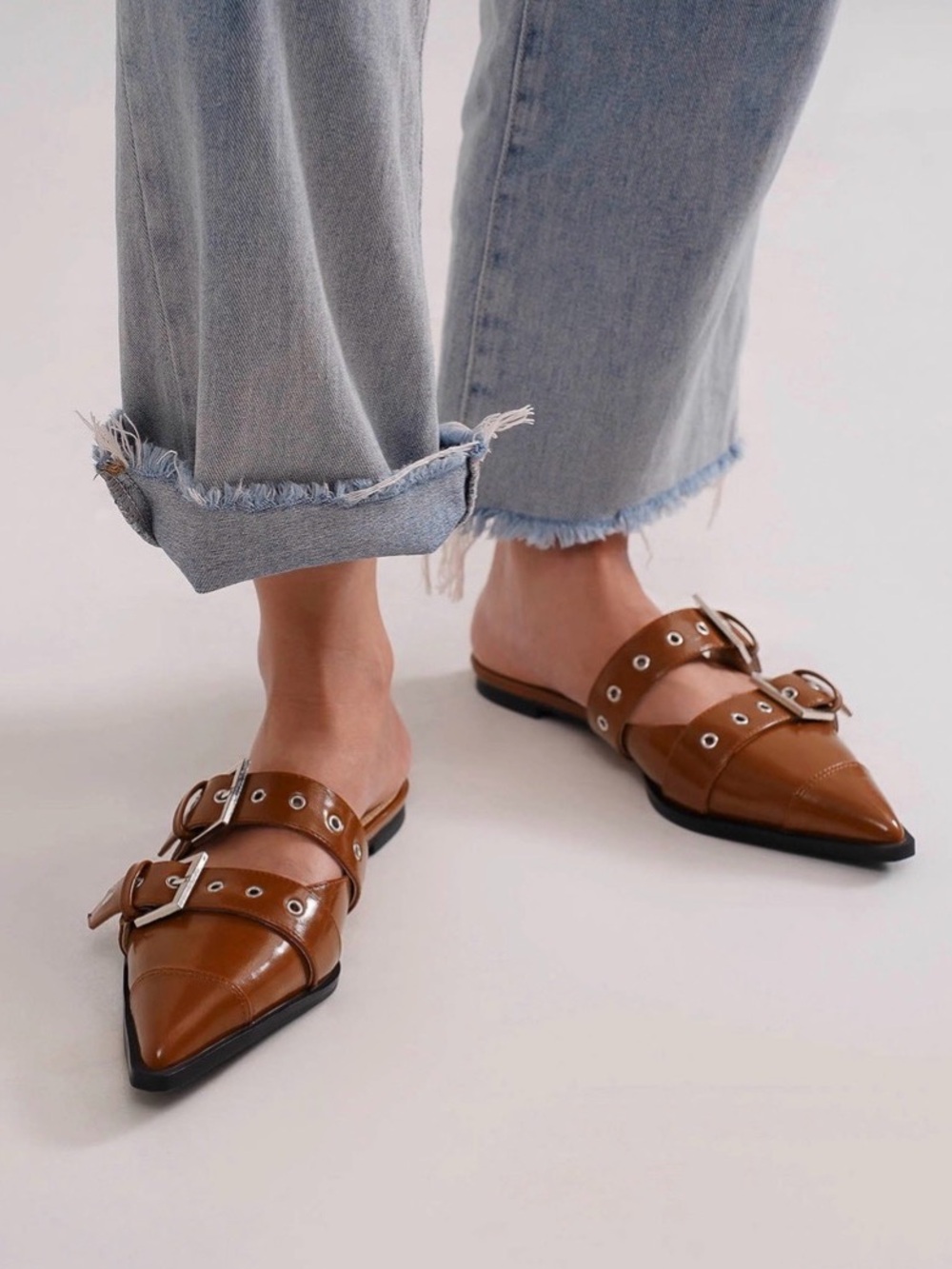 Beast Camel Edgy Pointed Toe Buckle Grommet Slip-on‎ Mule Flats Cognac Tan Brown